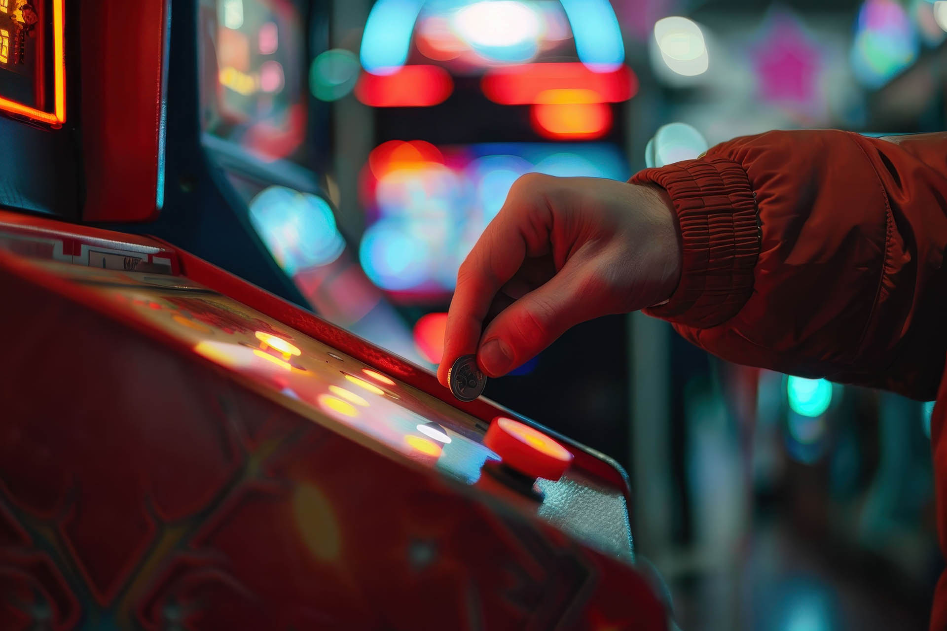 Adulto mayor jugando en una máquina tragamonedas recreativa en el Hogar Geriátrico en Bogotá Ancestros, disfrutando de una actividad lúdica.